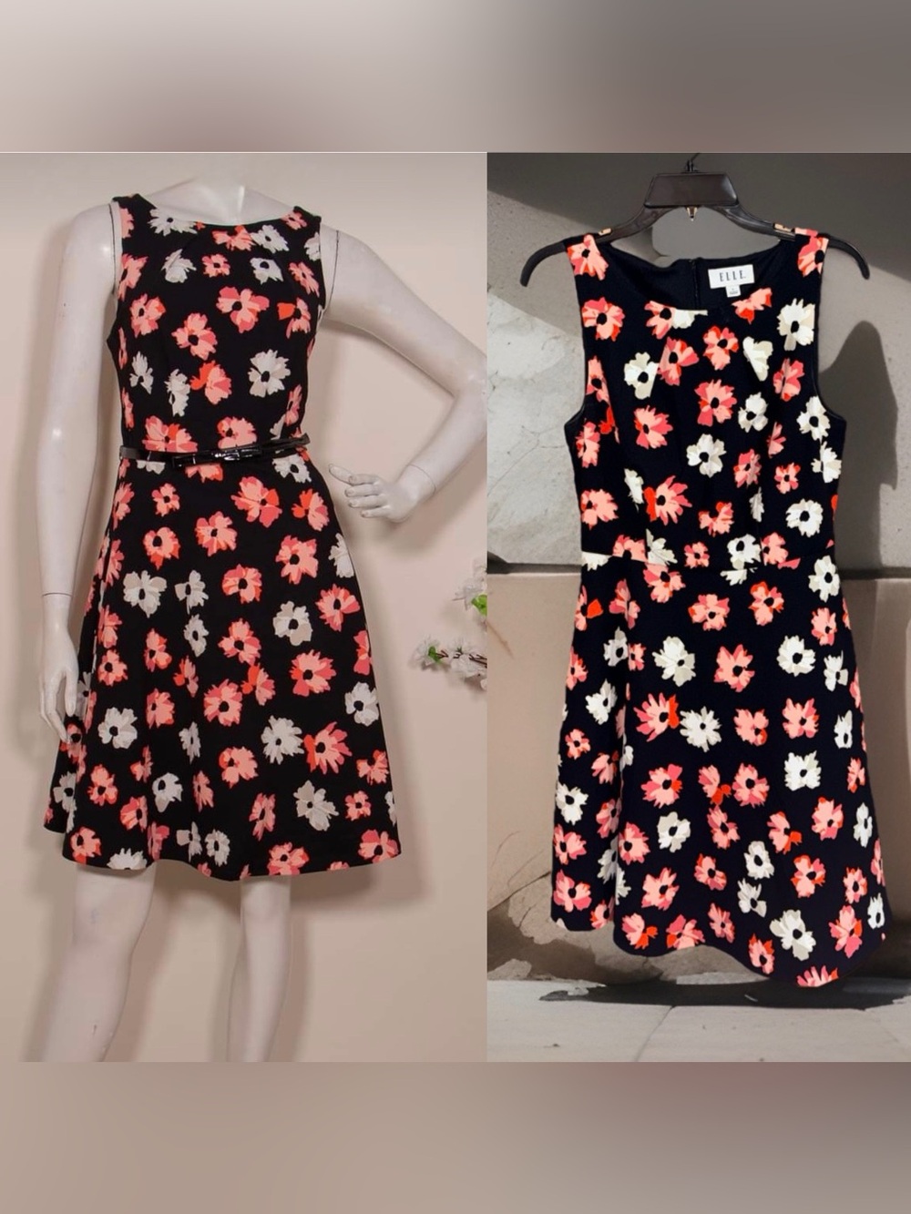 Elle Black Sleeveless Floral Fit-and-Flare Dress with Pink & White Blooms-S-EC